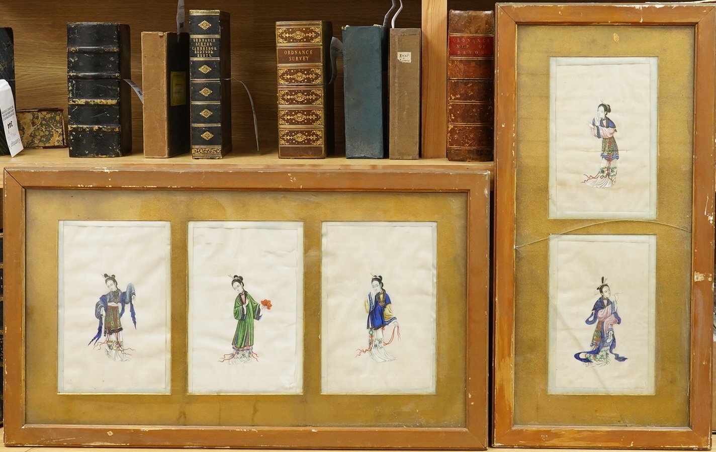 Chinese School, 19th century, figural studies, five pith paper paintings, framed as two, 27 x 17cm
